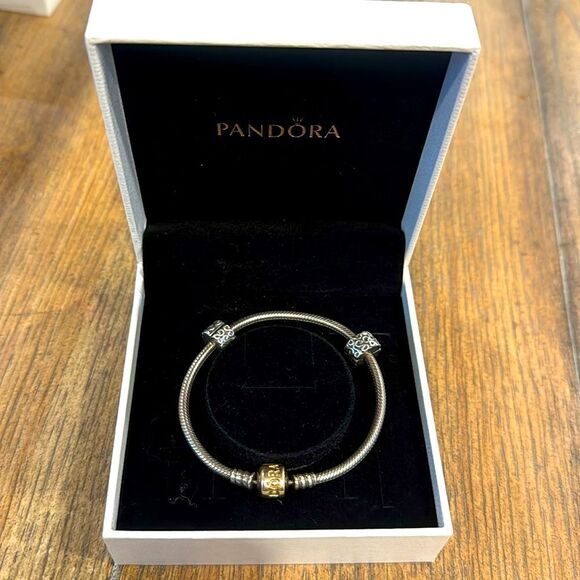 Authentic Pandora *14k* Gold and Silver Charm Bracelet -includes 2 Swirl Spacers - Picture 1 of 15